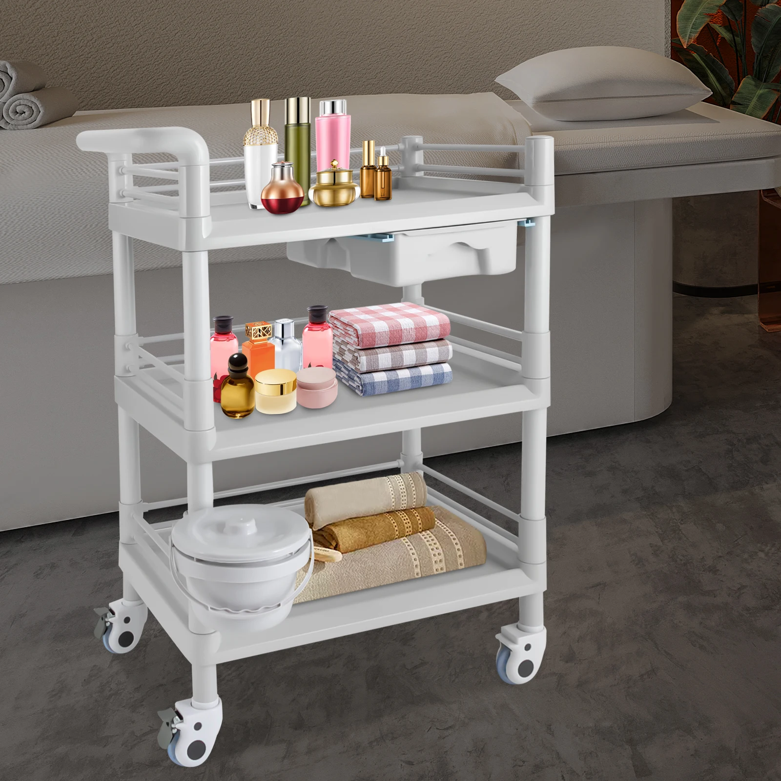 3 Tier Heavy Duty SPA Cart Beauty Salon Trolley Cart, Esthetician Cart with Wheels & Bucket and 1 Big Drawer Load 330lbs, 360°