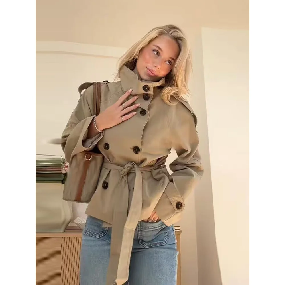 

2025 Autumn Chic Elegant Women Coat Casual Vintage Office Lady JacketBelted Waist Cropped Trench Double Breasted Stand Collar