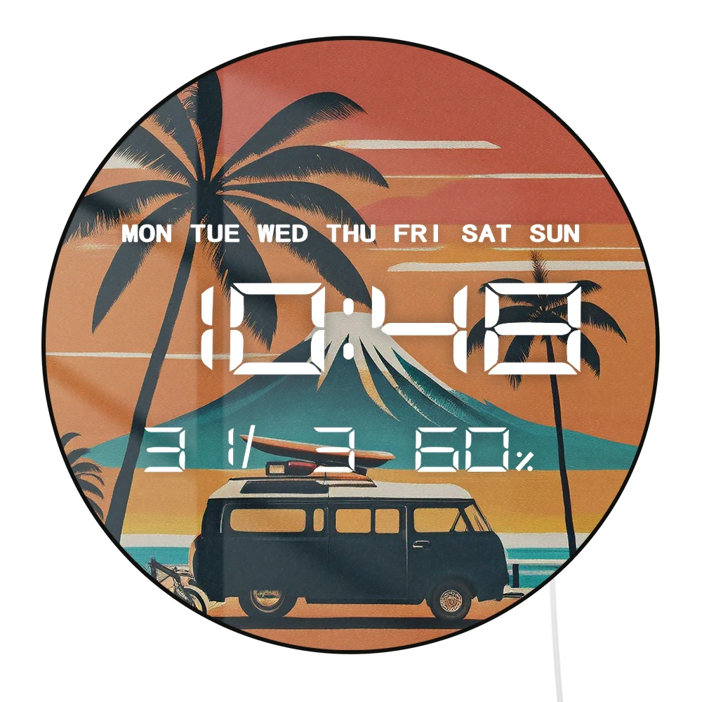 Camper Van LED Digital Wall Clock with Temperature Humidity Date Large Display Calendar Hawaii Summer Vacation Home Decor Clock