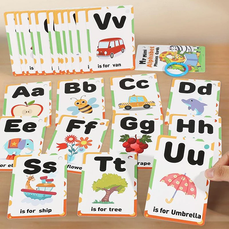 27 English Alphabet Flash Cards, 156 A-Z English Words, Alphabet Phonics English Learning Spelling Cards, Letter Pronunciation