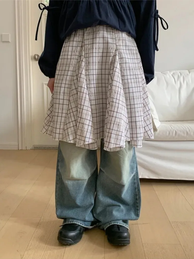 falda a Cuadros de Cintura Alta Estilo Vintage con Dobladillo Irregular para Mujeres Jóvenes, Estilo Casual para Primaver...