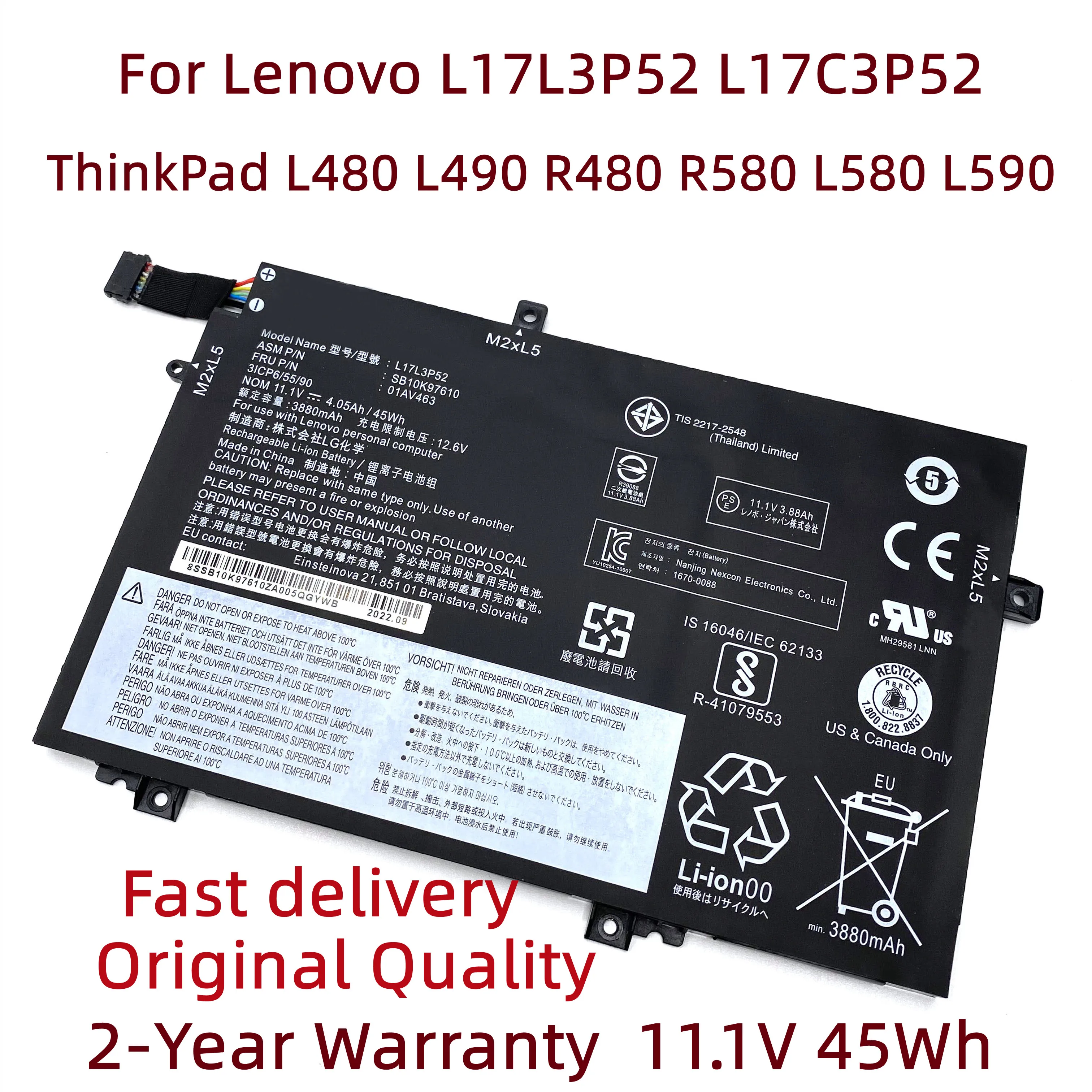 L17C3P52 Laptop Battery For Lenovo ThinkPad L480 L490 R480 R580 L580 L590 01AV463 01AV466 L17M3P53 L17L3P52 SB10K97610 17M3P54