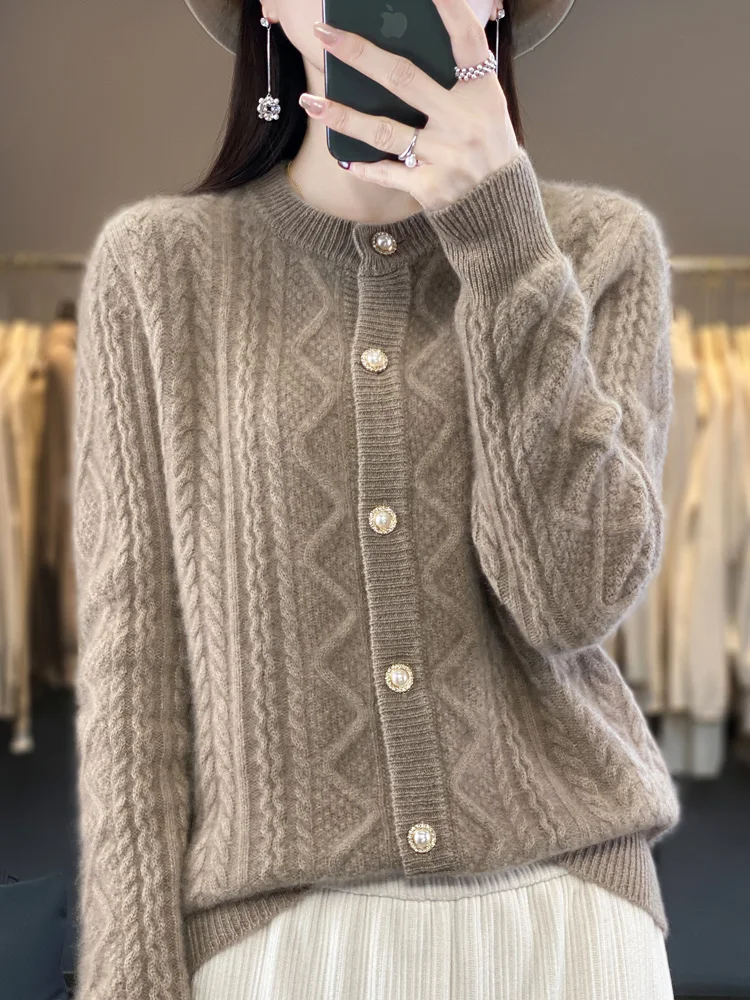 New Autumn Winter Thick Sweater For Women 100% Merino Wool Cardigan O-Neck Long Sleeve Twist Flower Warm Cashmere Knitwear Tops