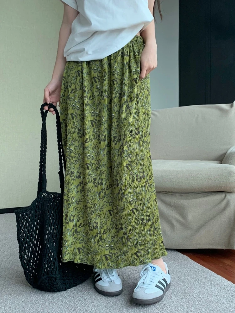 Wrinkled Green Pleated Skirt Women 2023 Spring Summer Print Skirt Korean Style Vintage High Waisted Back Jag Long Skirts rok