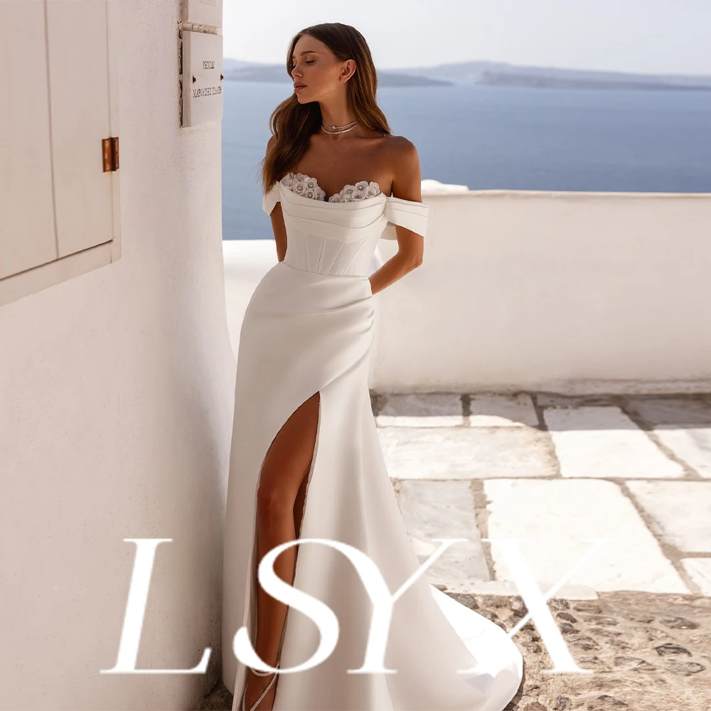 LSYX – robe de mariée en Satin, personnalisée, sans bretelles, épaules dénudées, ornée de fleurs, Corset, fente latérale haute, traîne détachable, élégante