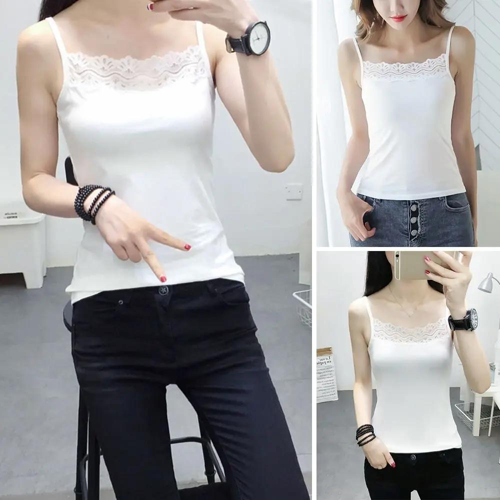 Casual Spaghetti Strap Summer Tank Tops With Lace Sleeveless Cami Top Shirt Sport Underwear Fitted Tops for Women