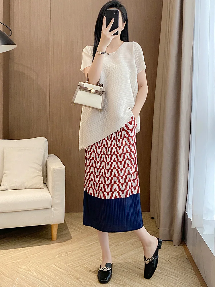 

Summer Outfit High Waist Asymmetrical Skirt Women's Folded Silk Top Commute Sle Simple Design Polyester Fiber Straight Cut