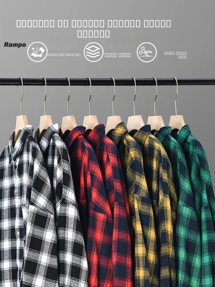 

Rampo Men's Plaid Long Sleeve Shirt New 2026 Fleece Finish Vintage American Style Versatile Spring Fashion Loose Fit Button up