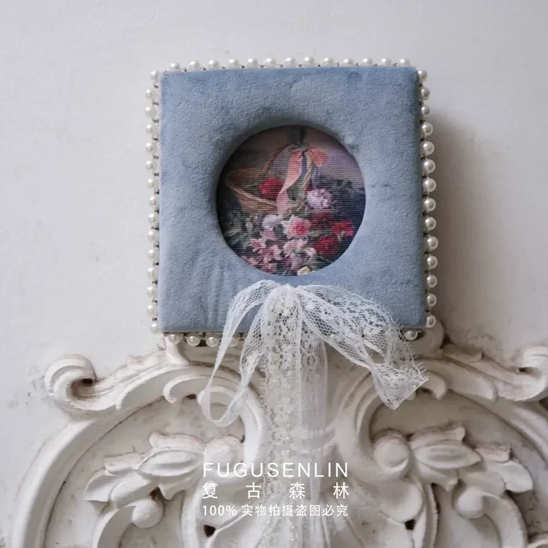 Vintage French Handmade Blue Velvet Lace Picture Frame with Pearl Fringe Wall Hanging Ornament for Home Decor Photo Display