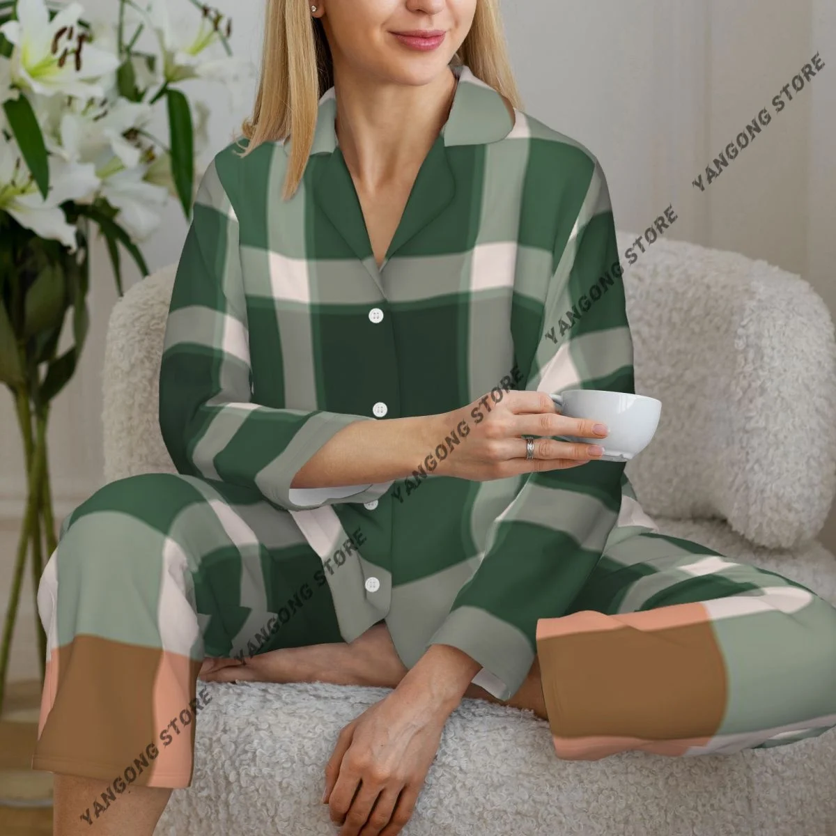 Spring and Autumn Long Sleeve Pants Pajamas Loungewear Set Check Tartan Plaid Texture Women's Pull Edge Loose Sleeping Suit