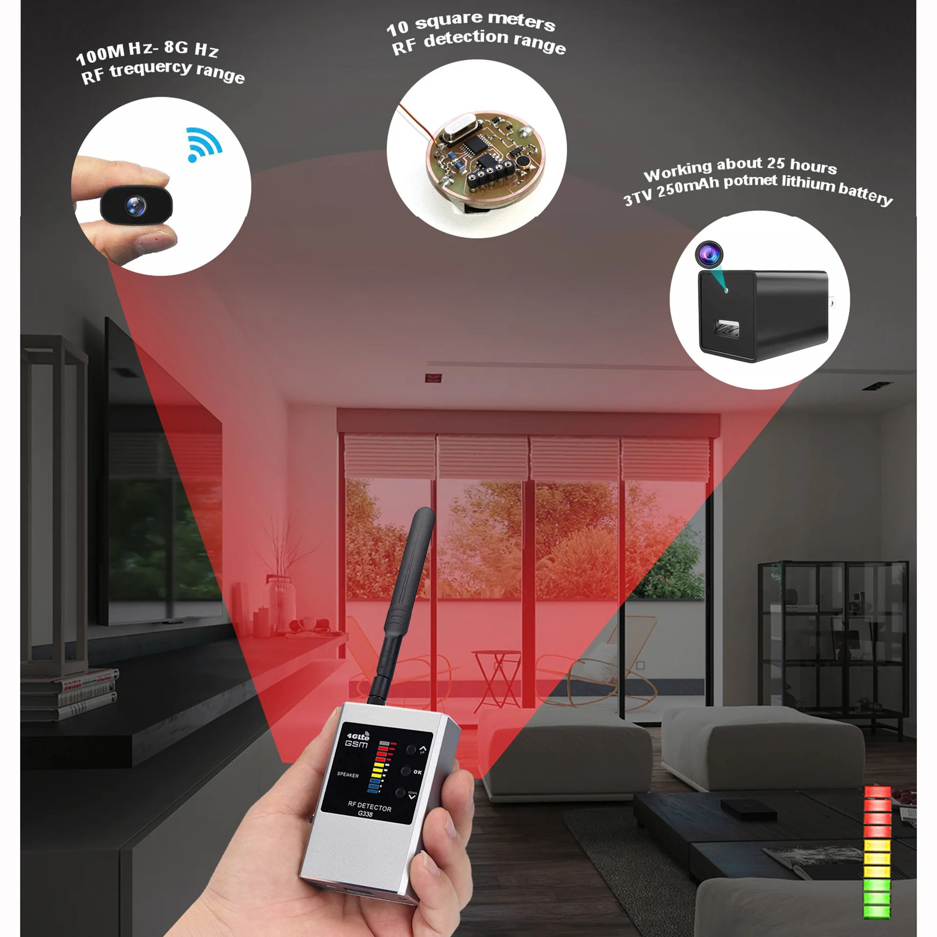 8GHz anti spy gadgets RF Signal Detector G338 w/10 LED Sensitivity: Sweep WiFi Cams, GSM Bugs, GPS Locators, Magnetic Detection
