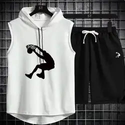 2024 Summer Mens Muscle Hoodie Vest Sleeveless Bodybuilding Gym Workout Fitness Shirt High Quality Vest Hip Hop Sweatshirt suit