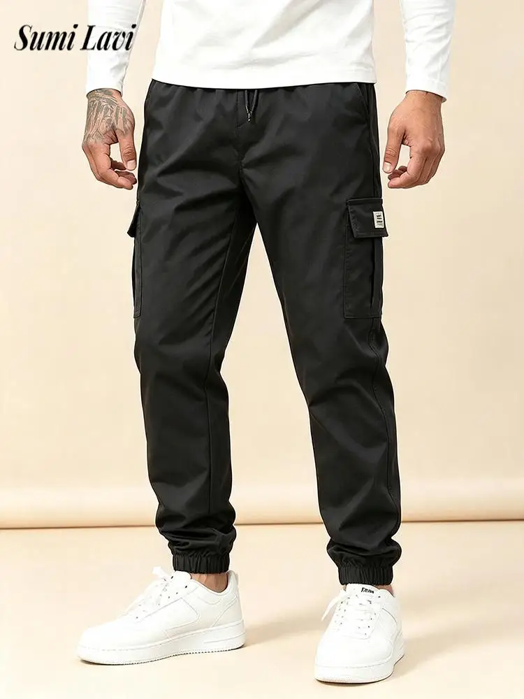Vintage Multi-pockets Cargo Pants Mens Trendy Drawstring Trousers Autumn Casual Solid Color Slim Fit Jogger Pants