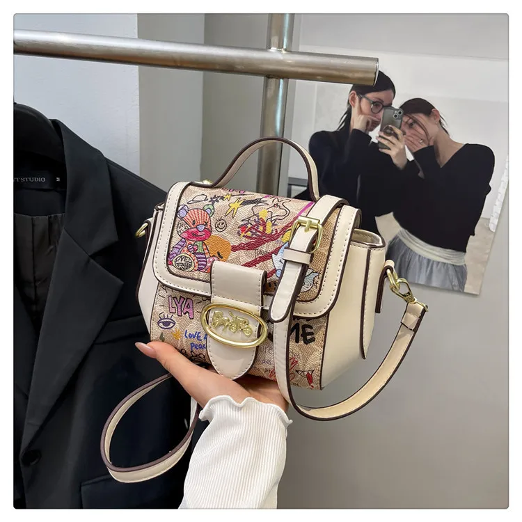 

2025 Spring Graffiti Square Bag, Niche Magenta Top Handle Purse for Women, Urban Commuter Crossbody, Artistic Shoulder Bag