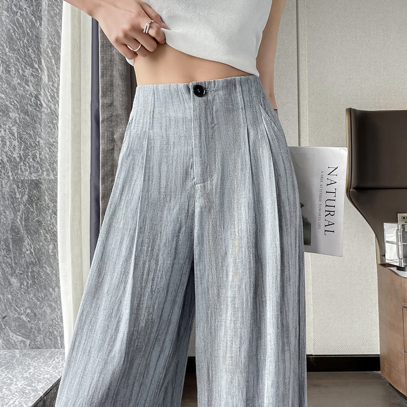 Korean Fashion Women's Linen Pants Casual High Waist Wide Leg Straight Cotton Linen Pants Summer Lightweight Button Trousers