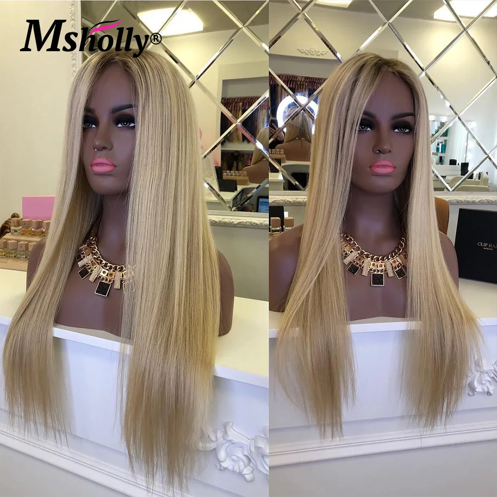 

Dark Roots 613 Straight 13x4 Lace Frontal Wig Ash Blonde Pre Plucked Human Hair Ombre Wigs Transparent Brazilian Remy Lace Wigs