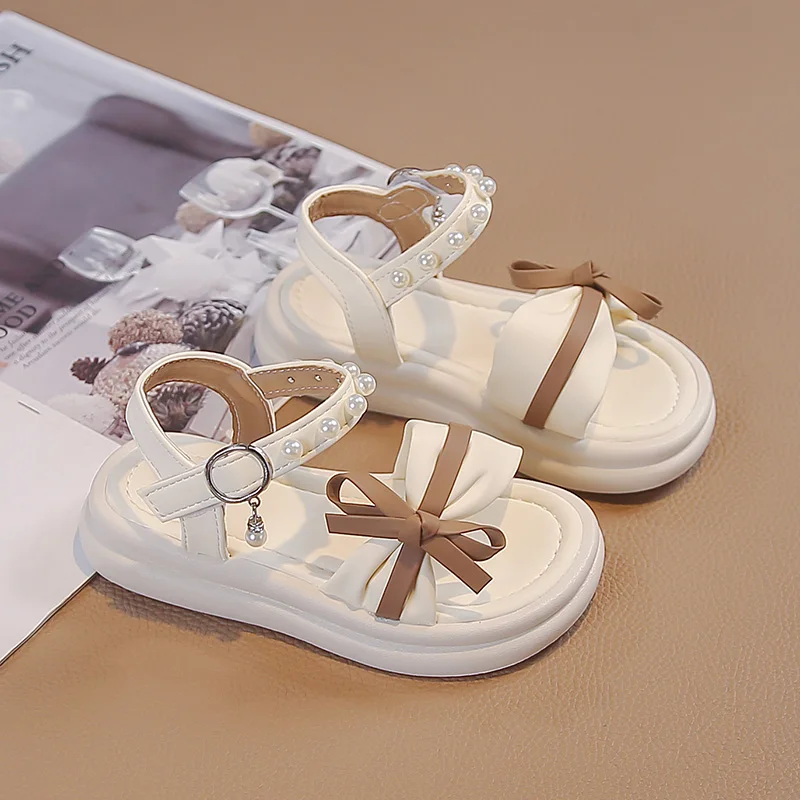 Princess Girls Leather Sandals with Beaded Strap 2026 New Summer Toddler Bowknot Beach Shoes Soft Sole Classic Elegant Party