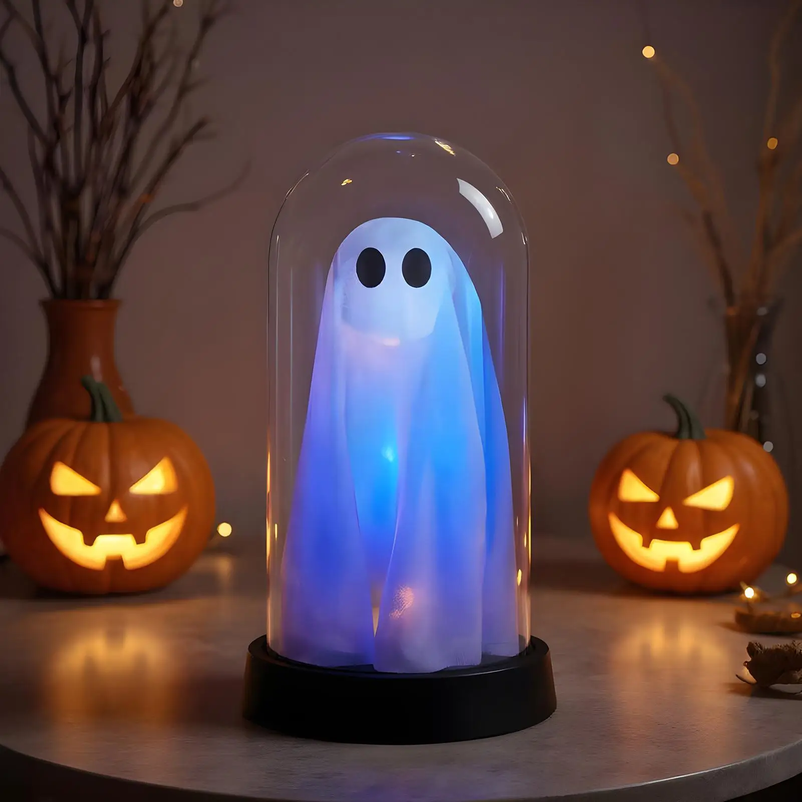 Ghost Night Light Light Up Ghost in Cloche Scary Cute LED Battery Operated Tabletop Lamp for Party Kitchen Holiday Halloween