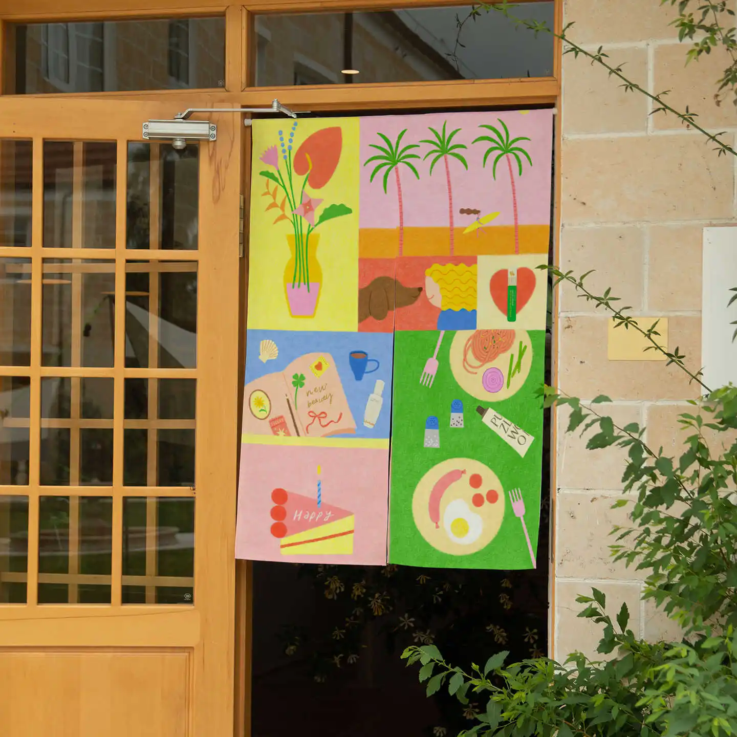 VIKAMA Hand Drawn Tropical Food Color Block Noren Curtain Rod Pocket Bakery Milk Tea Shop Creative Fabric Store Front Curtain