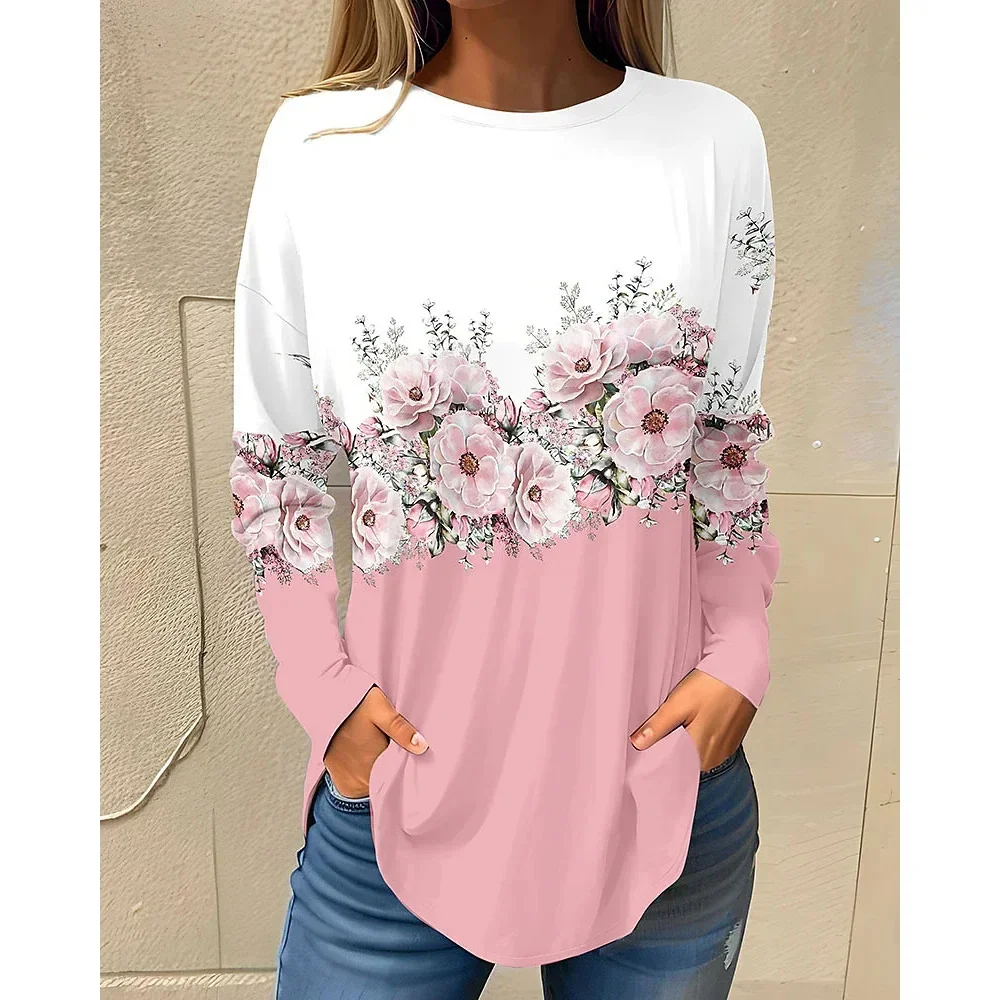 

Women Casual Tops Fashion Long Sleeve Pullover Top Party Looks Top Female Streetwear Floral Print Round Neck Woman Clothes