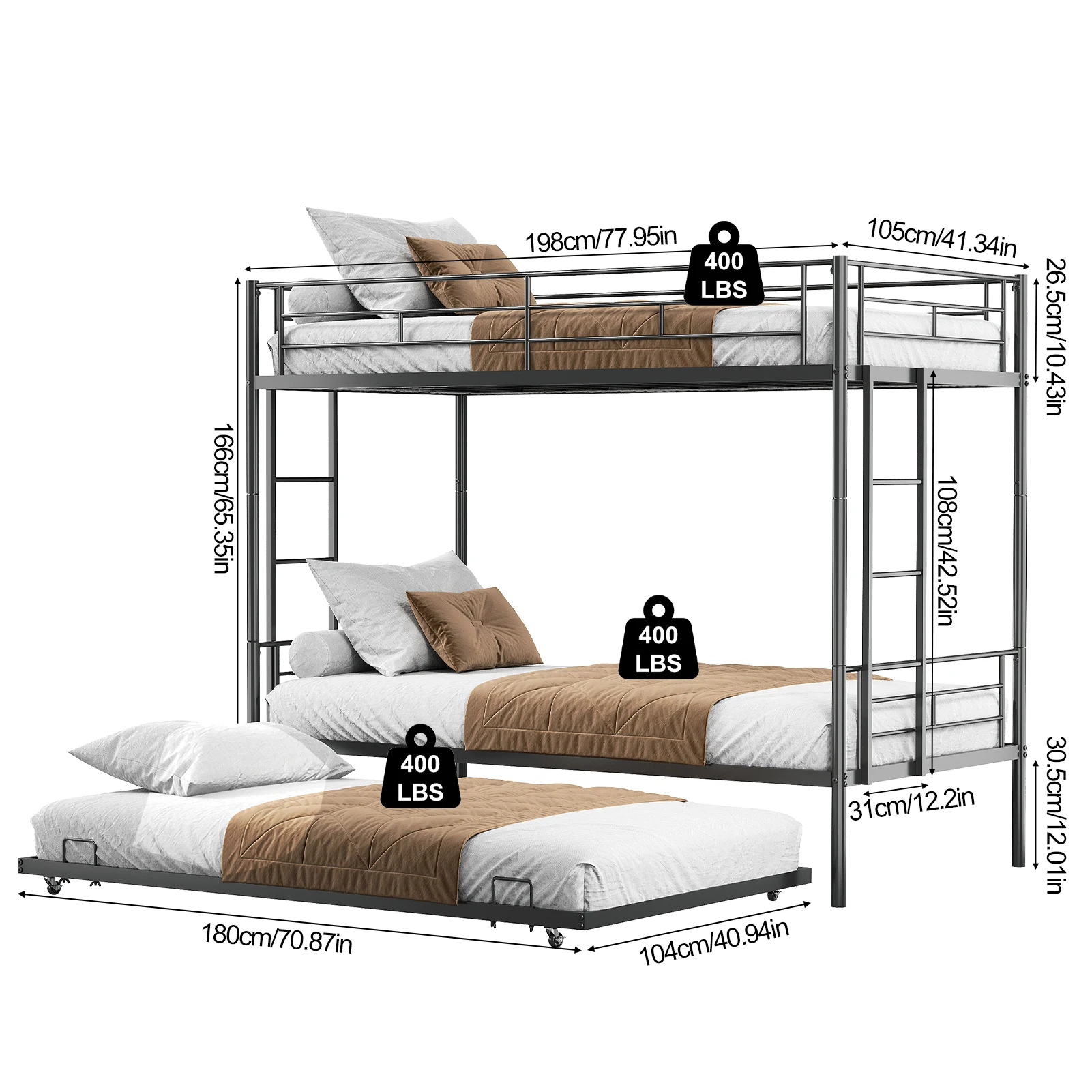 3 in 1 Bunk Bed with Trundle Twin Over Twin Bunk Bed Frame w Dual Ladder and Safety Rails No Box Spring Needed Noiseless Space image 6