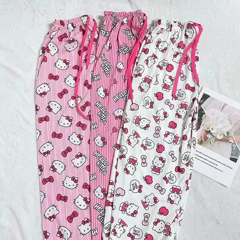 Cute Korean Style Cartoon Hello Kitty Sweet Sleeping Pants for Women in Summer Loose and Thin Pink Casual Home Pants for Girls