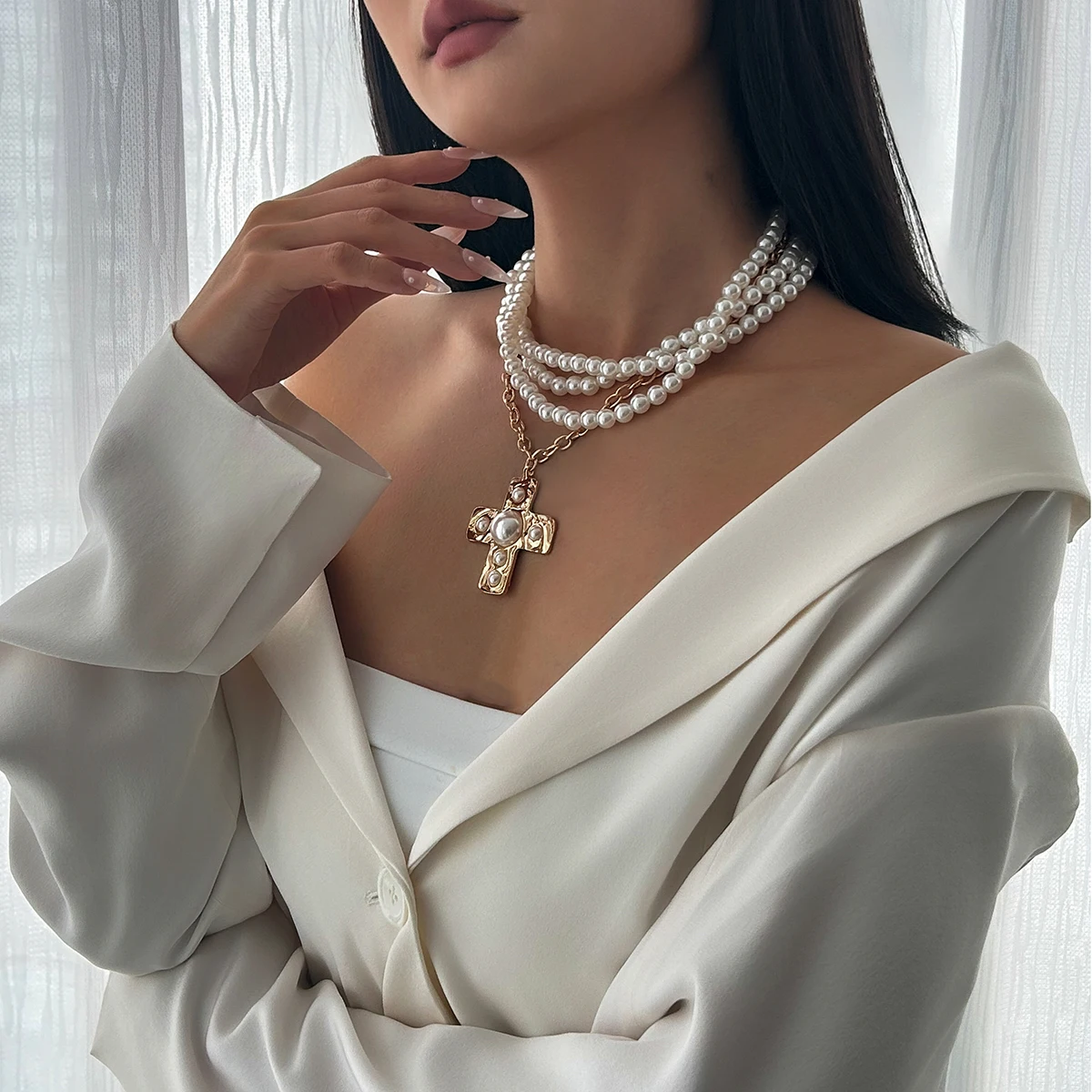SHIXIN Elegant Multilayer Smooth Imitation Pearl Long Necklace for Women Trend Jesus Cross Pendant Necklace Banquet Neck Jewelry