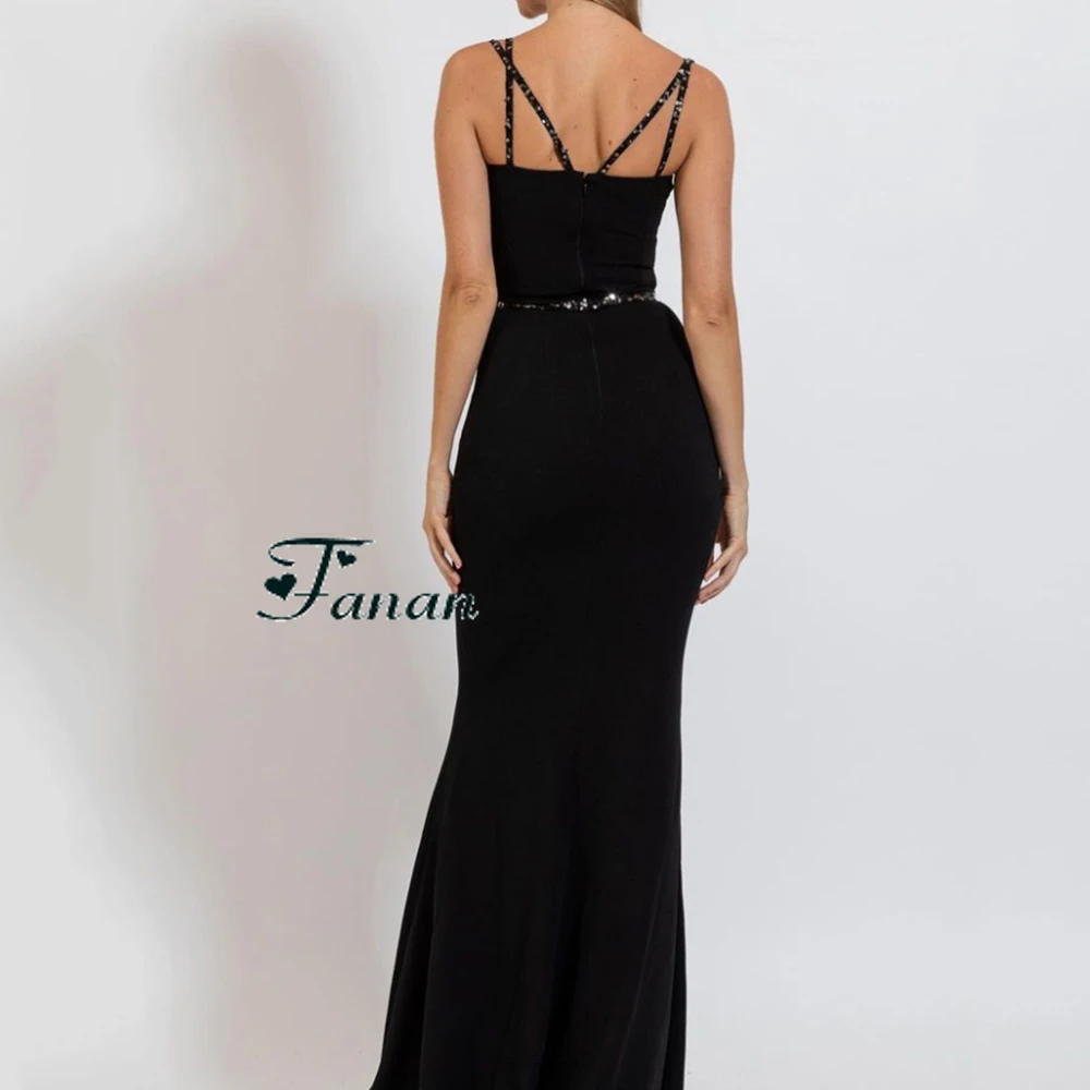 Customized Black Strapless Mermaid Sequined Jersey Evening Dresses Spaghetti Sleeveless Backless Floor Length Pageant Prom Gowns