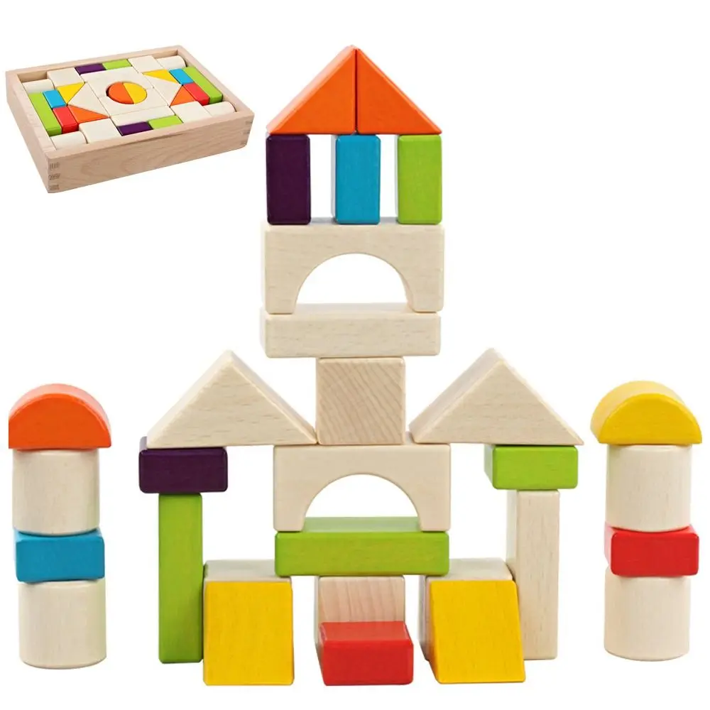 A Set Safe Material Wooden Block Set Smooth Edges Vibrant Colors Colorful Blocks Shape Recognition Toy Early Education