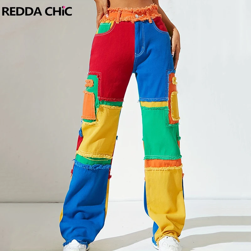 

ReddaChic Contrasting Stitch Raw Edge Baggy Jeans Women Holiday Casual High Waist Straight Wide Leg Oversized Pants Y2k Trousers