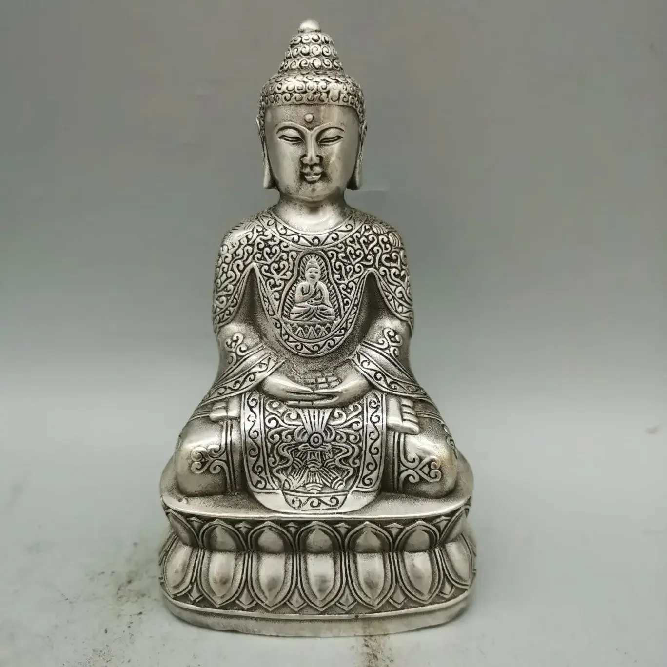 

5" Tibetan Buddhism Tibet Silver Shakyamuni Amitabha Buddha Buddhism Robe Statue