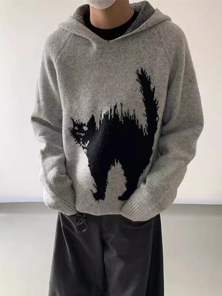 

American Retro Hooded Knitwear Men's Sle Autumn Winter Lazy Cool Loose Fit Top Polyester Fiber Long Sve Crew Ne