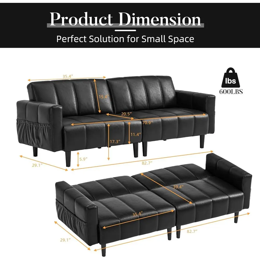 أريكة فوتون حديثة من الجلد الصناعي في منتصف القرن، قابلة للتحويل مع مسند ظهر قابل للتعديل، وجيب تخزين، وإطار خشبي وفولاذي، باللون الأسود #2