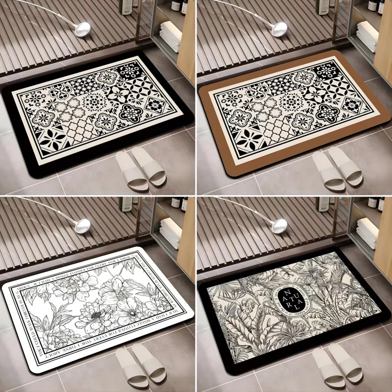 Geometric Bath Mat Super Absorbent Vintage Diatom Mud Bathroom Rug Non Slip Laundry Room Home Decoration Entrance Carpet Doormat