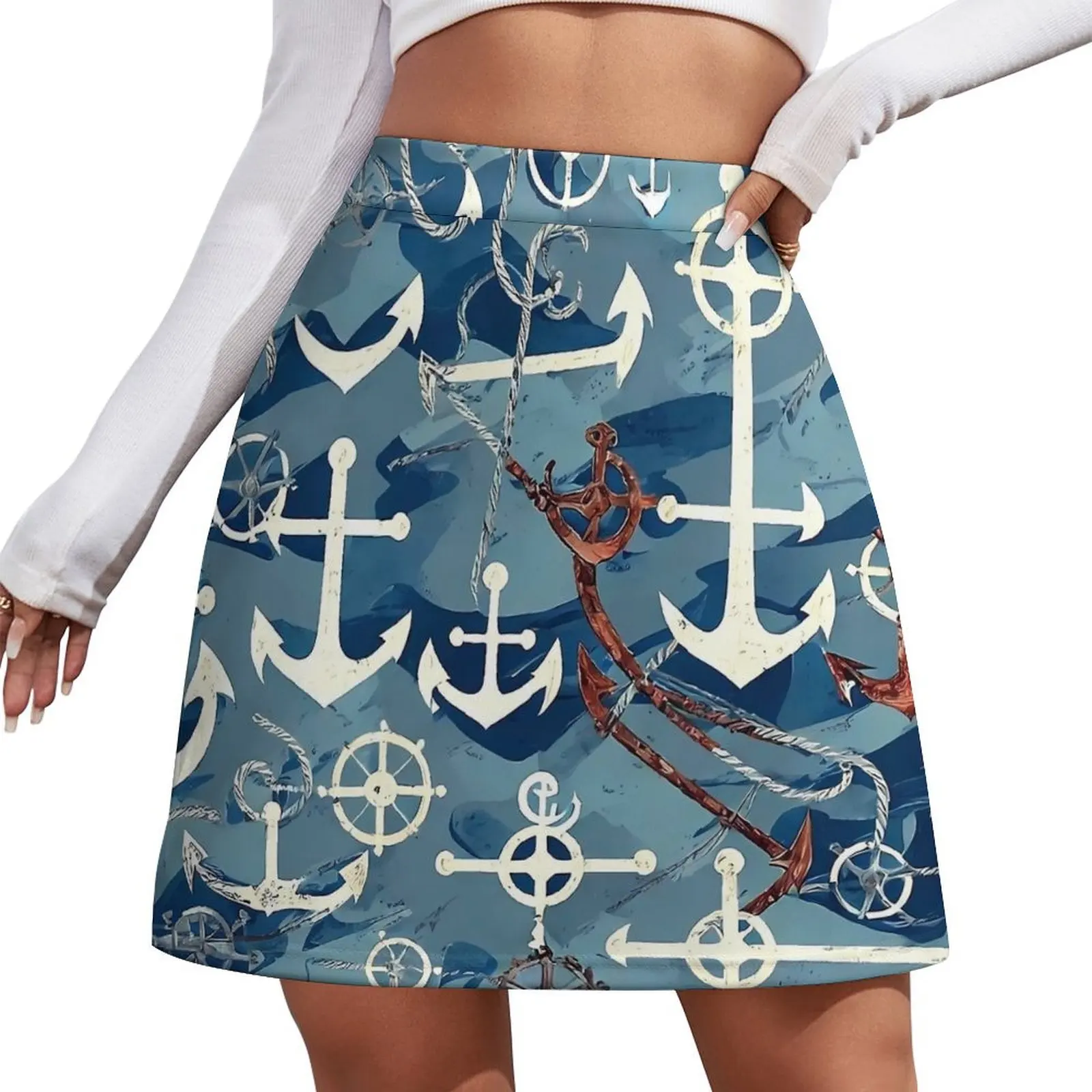 Retro Nautical Anchor Skirt Summer  Aesthetic Casual A-line Skirts Elegant Mini Skirt Womens Graphic Oversize Skort Clothes