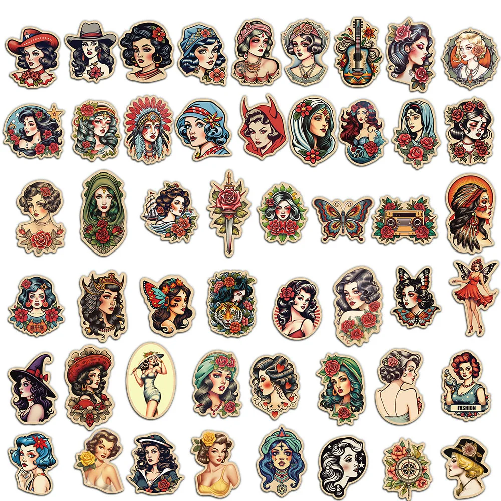 10/50pcs Cool Retro Sexy Pin up Tattoo Girl Stickers DIY Waterproof Laptop Luggage Guitar Skateboard Scrapbooking Graffiti Decal