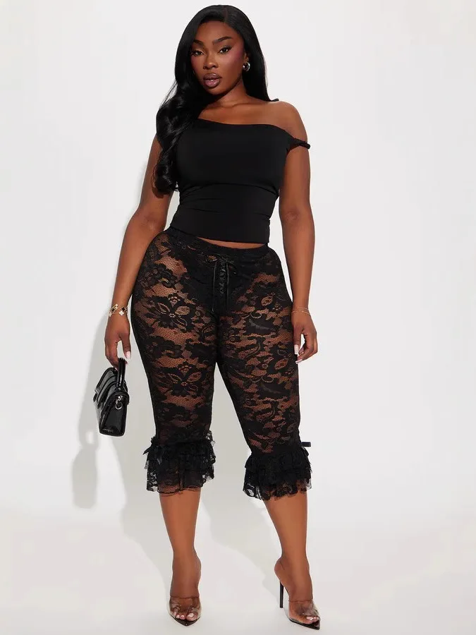 Ruffles ลูกไม้ Capri กางเกงผู้หญิงฤดูร้อนกางเกง Dancewear ผ้าพันคอเอวสูงกางเกง Cropped แฟชั่น Streetwear เซ็กซี่ Party Bottoms