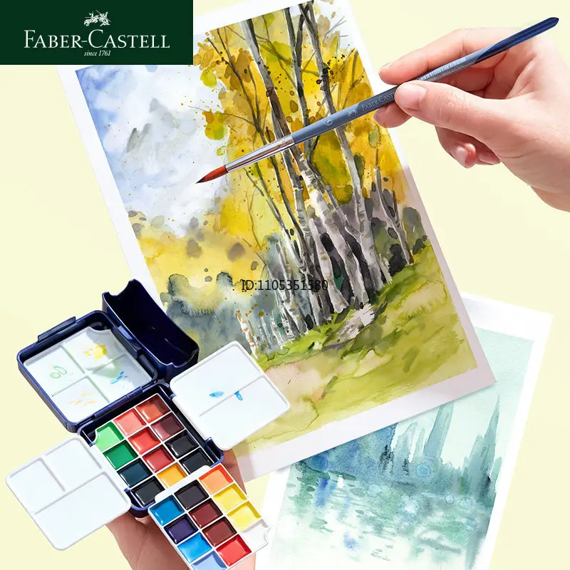 Portable Mini Solid Watercolor Paint Set 24 Colors Half Dry Pigment Travel Blue Box Faber-Castell Professional Art Supplies