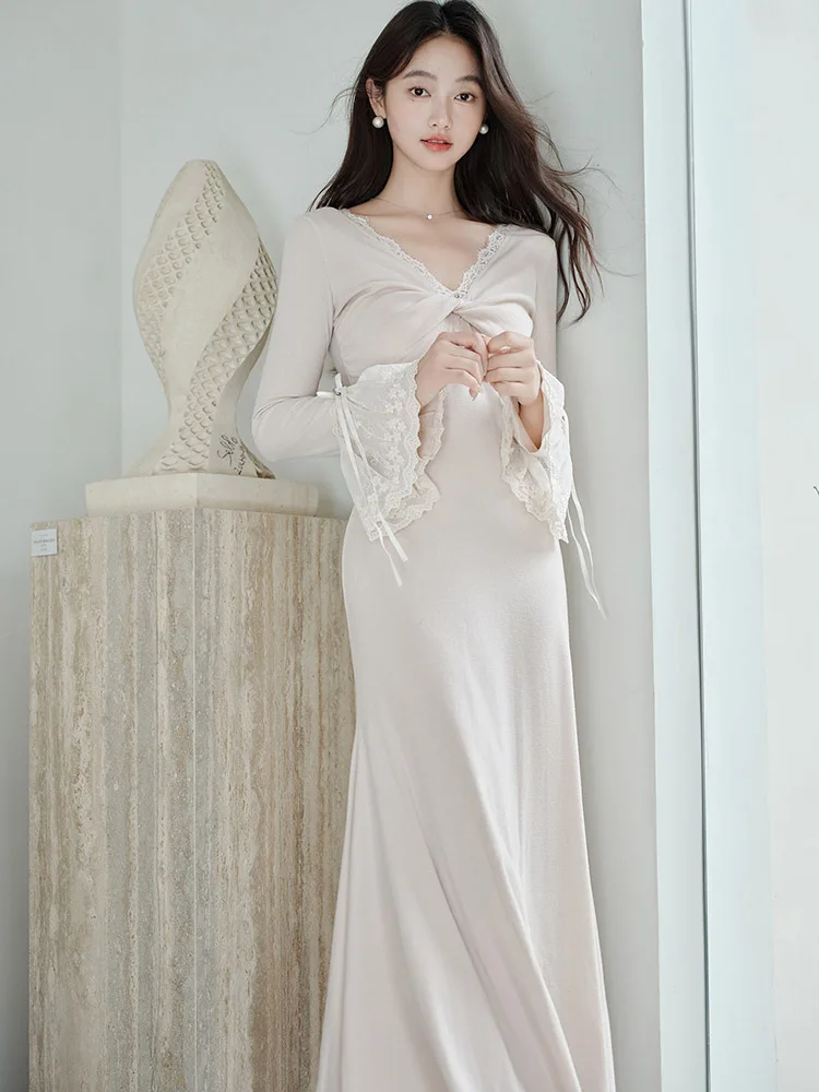 Robe longue en dentelle tricotée, manches évasées, Chic, col en v, élégante, pull décontracté, robe de bal moulante coréenne, automne hiver 2025