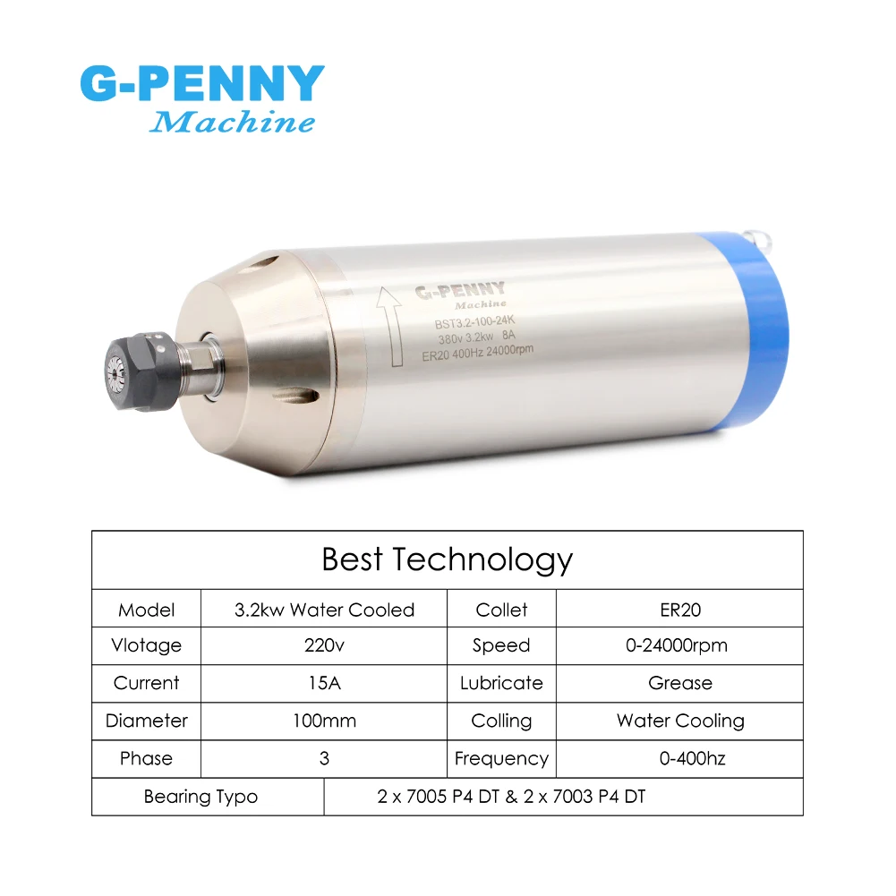 

3.2KW ER20 D100 Water Cooled Spindle Motor Bullet Type 220v/380v 4.0KW Inverter Spindle Motor Kit