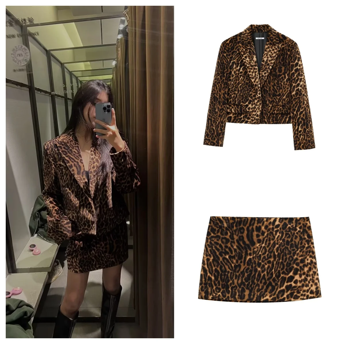 American retro hottie suit for women leopard print short suit jacket with hip skirt