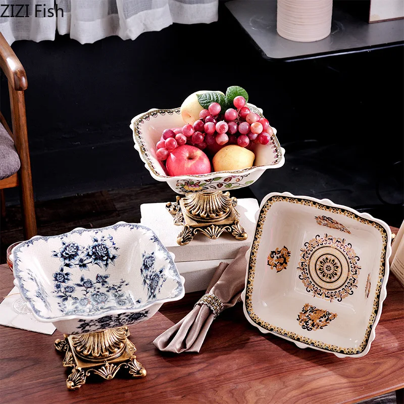 Classical Flower Pattern Fruit Bowl Storage Trays Snack Dessert Plate High Footed Fruits Plate Coffee Table Household Fruit Tray