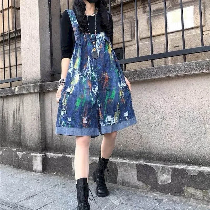 DENIM Jumpsuit ผู้หญิงขนาดใหญ่หลวมกางเกงขาสั้น Casual One Piece ชุดผู้หญิง Playsuits โดยรวมสําหรับผู้หญิงห้าจุดกางเกงขากว้าง