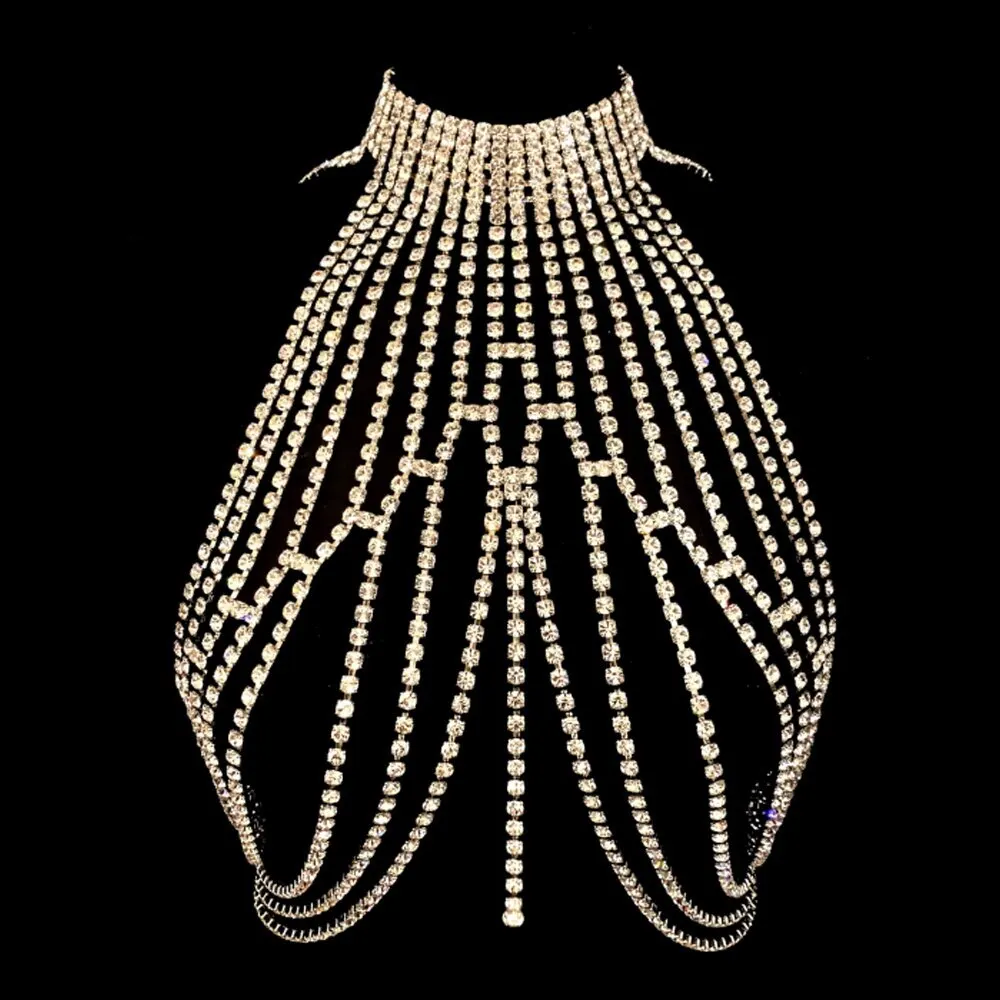 Selling luxury crystal chest chain retro high-grade multi-layer rhinestone necklace body chain dress matching