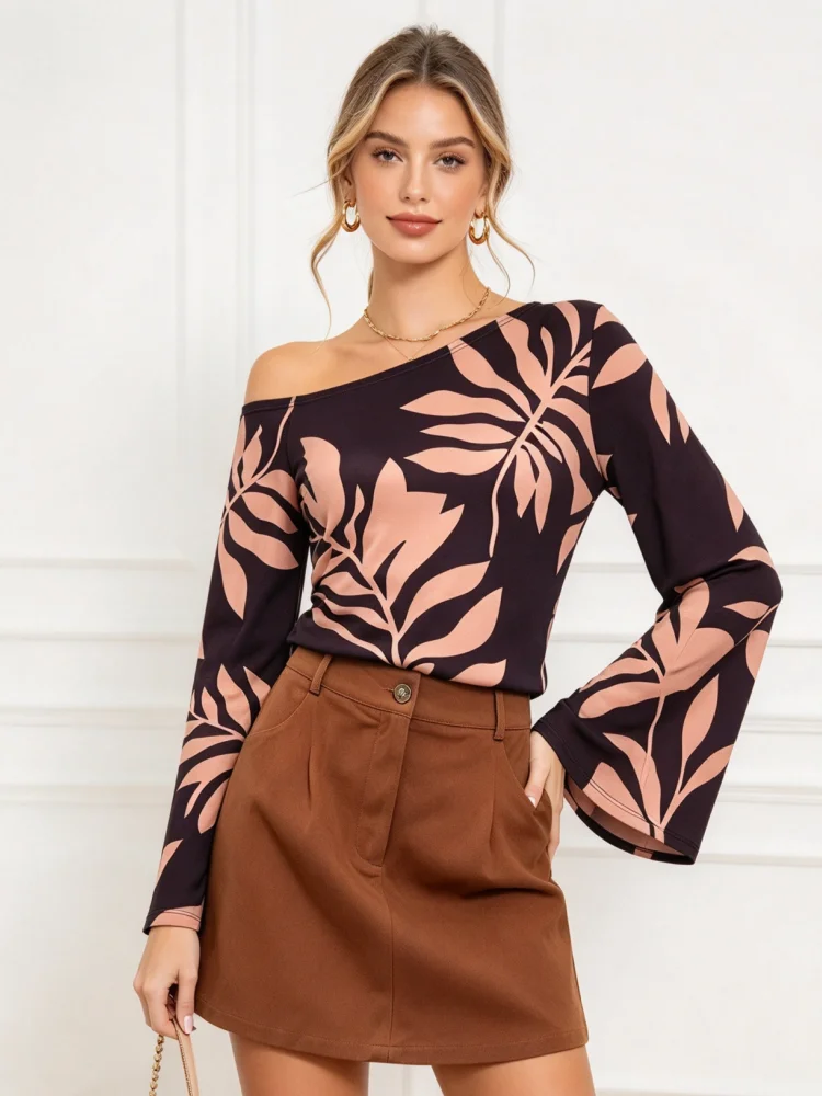 Women Two Piece Outfit Asymmetrical Off Shoulder Print Flare Long Sleeve Top High Waist A Line Mini Skirt Casual Vacation Party