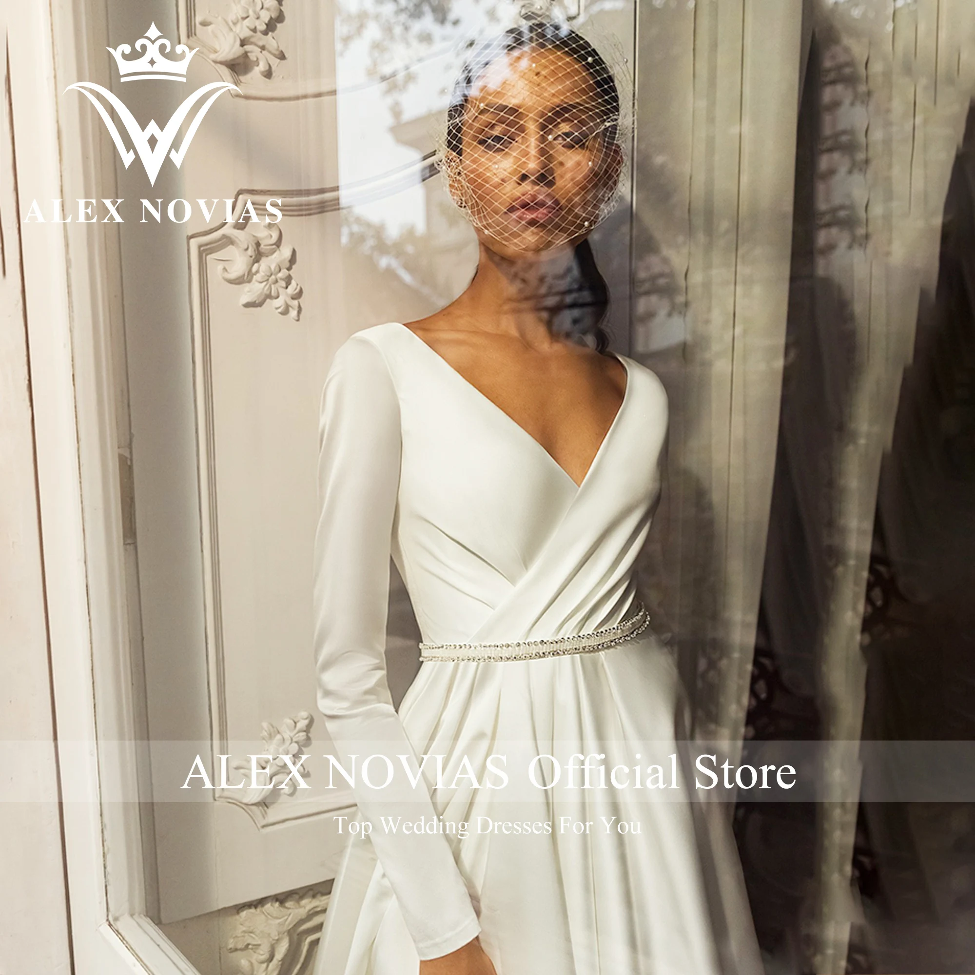 ALEX NOVIAS A-Line ชุดแต่งงานคริสตัลเข็มขัด2023 Vintage V คอแขนยาวผ้าซาตินชุดเจ้าสาว Vestido Novias De Saten