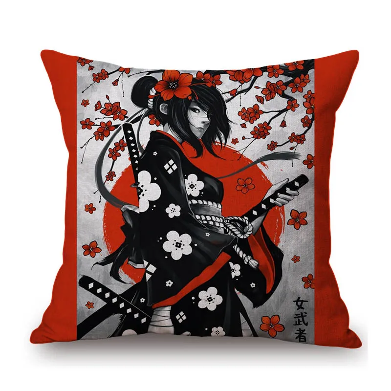 Japanese Ink Painting Geisha Samurai Spirit Tattoo Black Red Sakura Sushi Store Decoration Throw Pillow Case Linen Cushion Cover