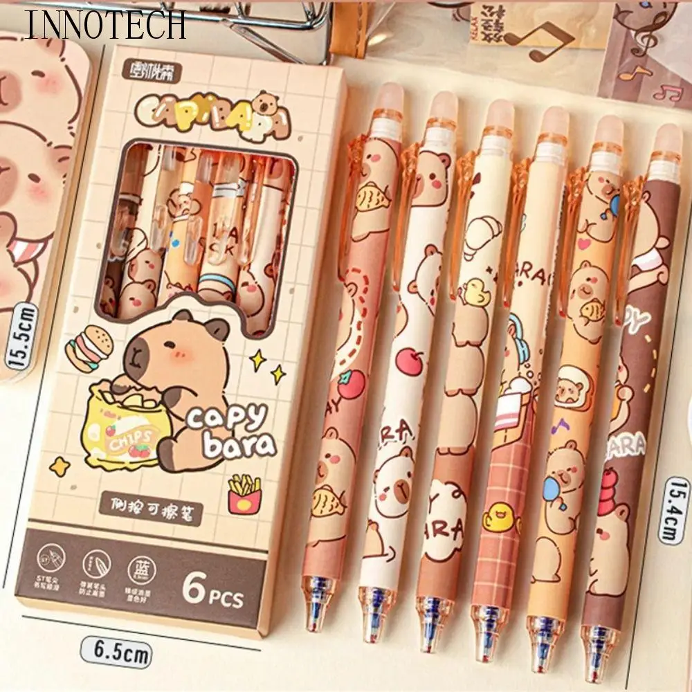 

6PCS Quick-Drying Kawaii Capybara Erasable Pen Aesthetic Cartoon Cute Writing Pen Blue Ink 0.5mm Gel Pen Kids