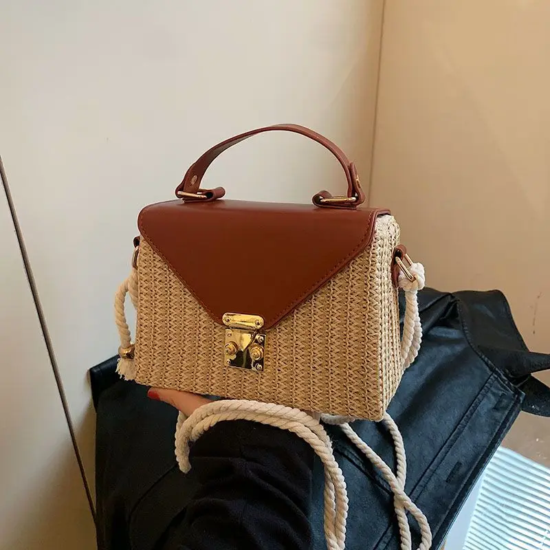 

Woven bag women in 2024 fashionable and versatile patchwork contrasting colors carrying summer diagonal beach bag