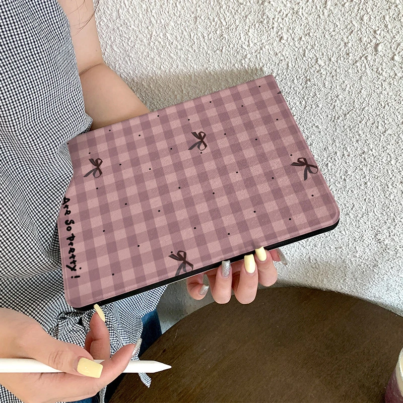 Pink Plaid Bow Girl Book Style Tablet Case For iPad Pro 11 12.9 13 A16 M2 M4 M3 M5 Shell 5/6/7/8/9/10/11th Mini Air 3 4 5 Cover